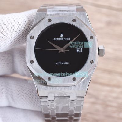 Copy Audemars Piguet Royal Oak watch Deep Black Dial Silver Bezel Stainless Steel Strap